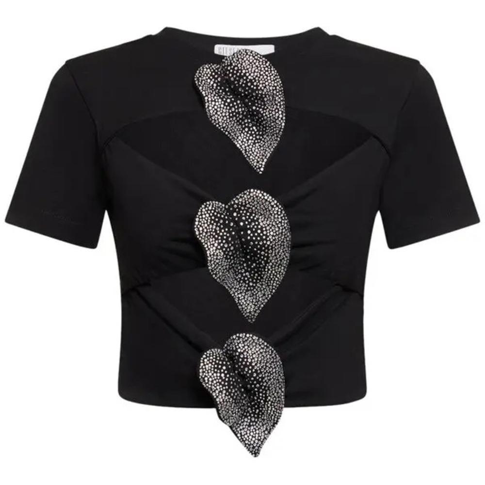 Elegant Black Crop Top with Leaf Accents Black Diamanté